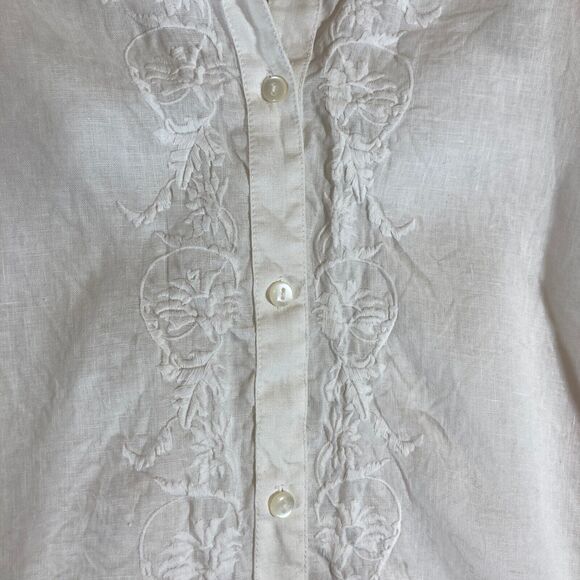 Liz Claiborne Linen Top 3X White Embroidery Button Up 3/4 Sleeve Country Coastal - Picture 4 of 10